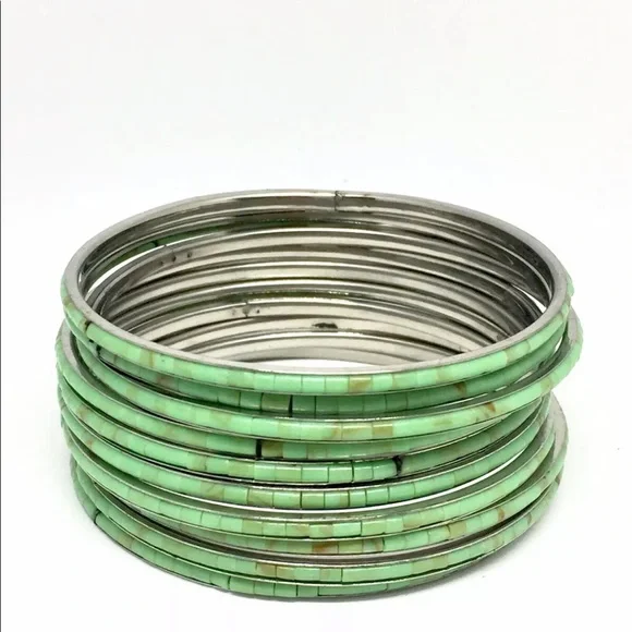 Stack Of 10 Bangles Bracelets Inlaid She’ll Handmade Turquoise - Picture 14 of 14